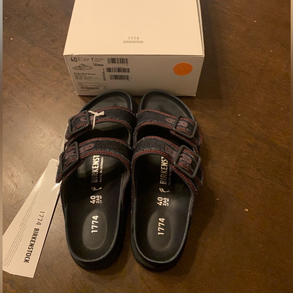 Birkenstock 1774 Arizona Stone Washed Dark Wash Denim Sandals, Size 40 Narrow
